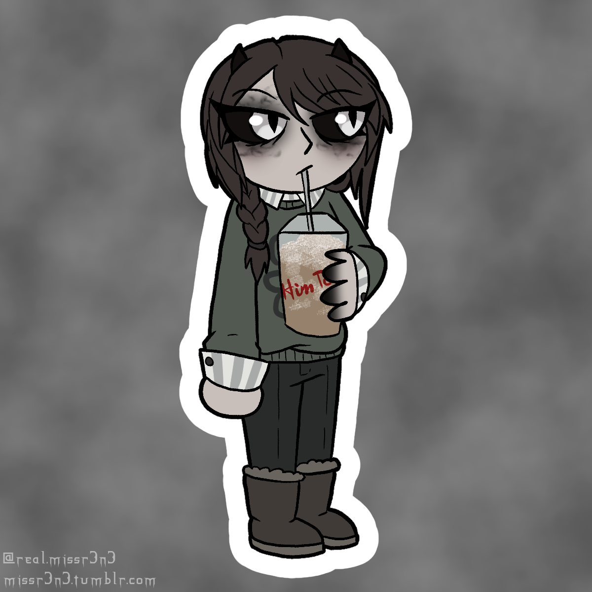 cartoony drawing of delilah sharpe (2011) drinking an ice-blended coffee from 'Him Tortons'